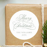 Romantic Calligraphy Merry Christmas Silky Sage<br><div class="desc">This green and white holiday sticker featuring elegant and romantic swirly calligraphy lettering with your name or business name. For more advanced customization of this design,  please click the BLUE DESIGN TOOL BUTTON above!</div>