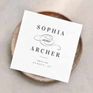 Romantic Calligraphy Navy Blue Elegant Wedding Napkin