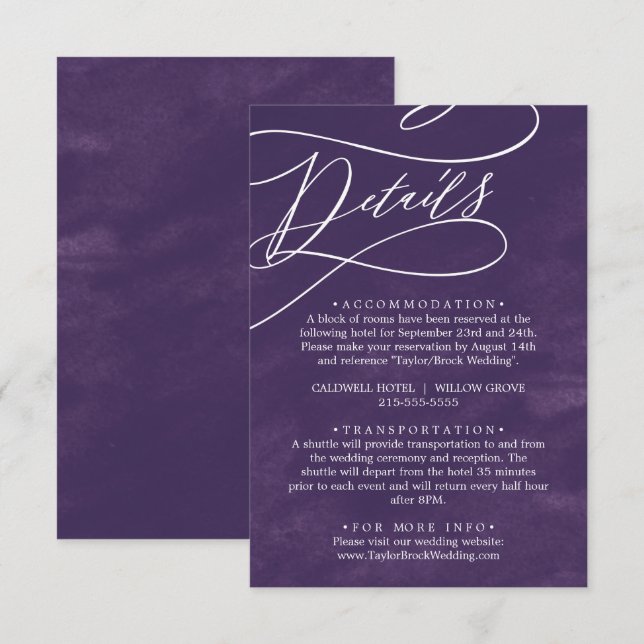 Romantic Calligraphy Purple Watercolor Details Enclosure Card (Front/Back)