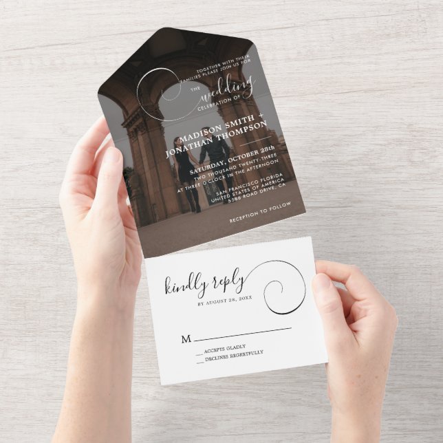 Romantic Calligraphy Script Modern Photo Wedding All In One Invitation (Tearaway)