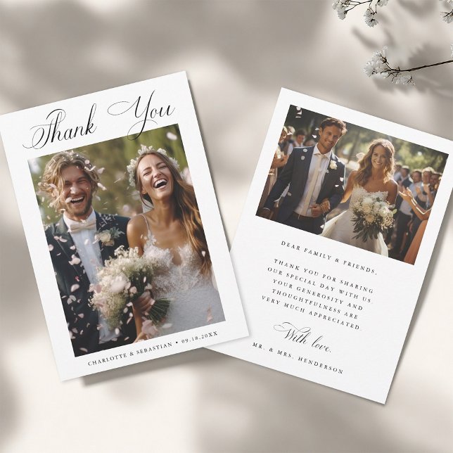 Romantic Calligraphy Wedding 2 Photo Thank You Card (Front & Back)