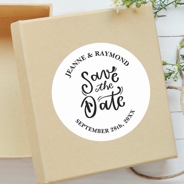Romantic Calligraphy Wedding Save the Date Classic Round Sticker (Romantic calligraphy save the date round sticker adds timeless elegance to your invites)