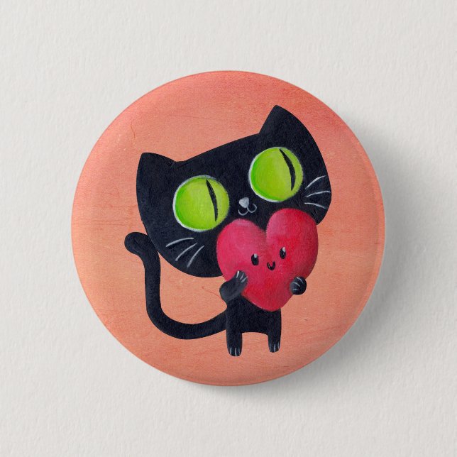 Romantic Cat hugging Red Cute Heart 2 Inch Round Button (Front)