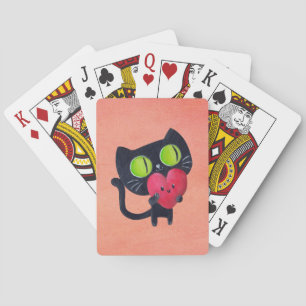 Romantic Cat hugging Red Cute Heart Playing Cards