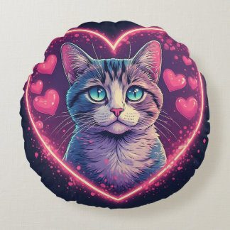 Romantic Cat Lover Gift | Aesthetic Neon Animal Round Pillow