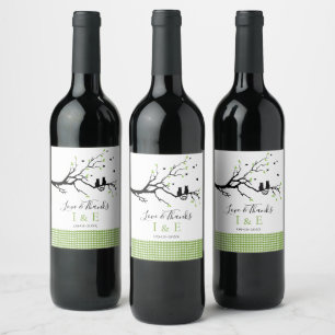 Romantic Cat Lovers Wedding Lime Green Gingham Wine Label