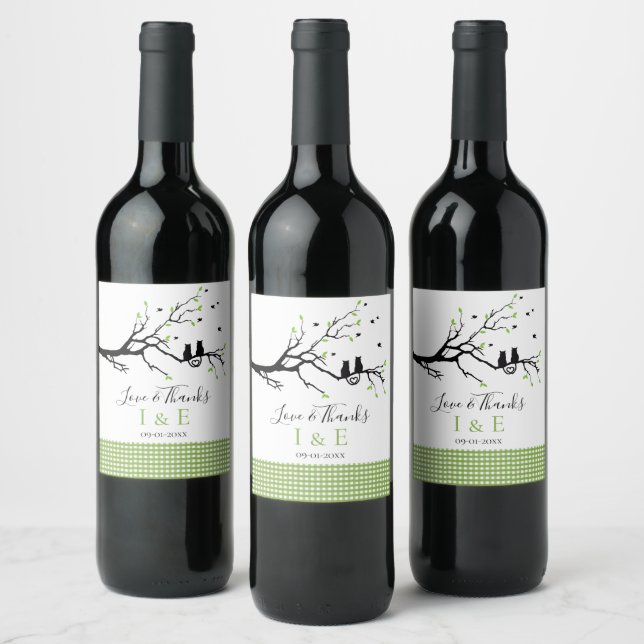Romantic Cat Lovers Wedding Lime Green Gingham Wine Label (Bottles)