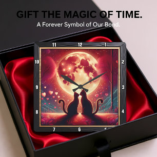 Romantic Cat Silhouette Full Moon Square Wall Clock