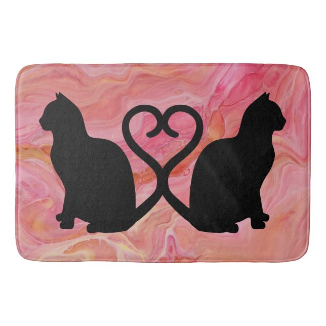 Romantic Cat Silhouette Heart on Pink Marbling Bath Mat (Front)