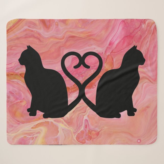 Romantic Cat Silhouette Heart on Pink Marbling Sherpa Blanket (Front (Horizontal))