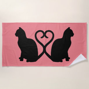 Romantic Cat Silhouette Heart with Coral Pink Beach Towel