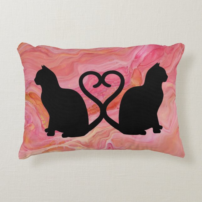 Romantic Cat Silhouette Heart with Pink Marble Accent Pillow (Front)