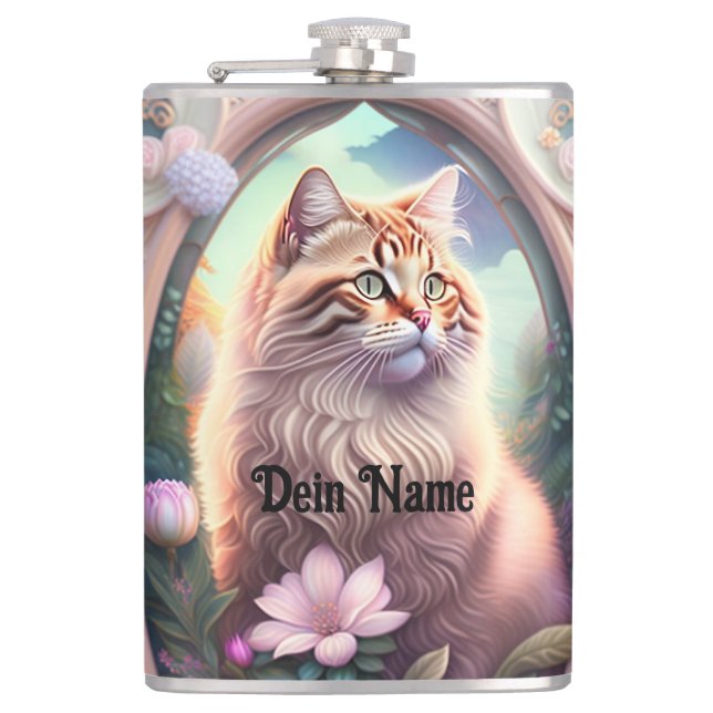 Romantic Cat with Flowers Hip Flask (Front)