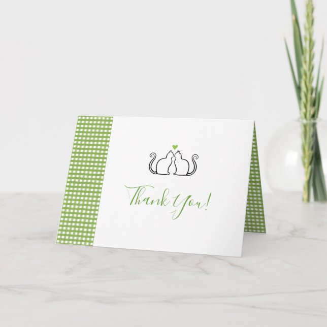 Romantic Cats In Love Green Heart Gingham Wedding Thank You Card (Front)