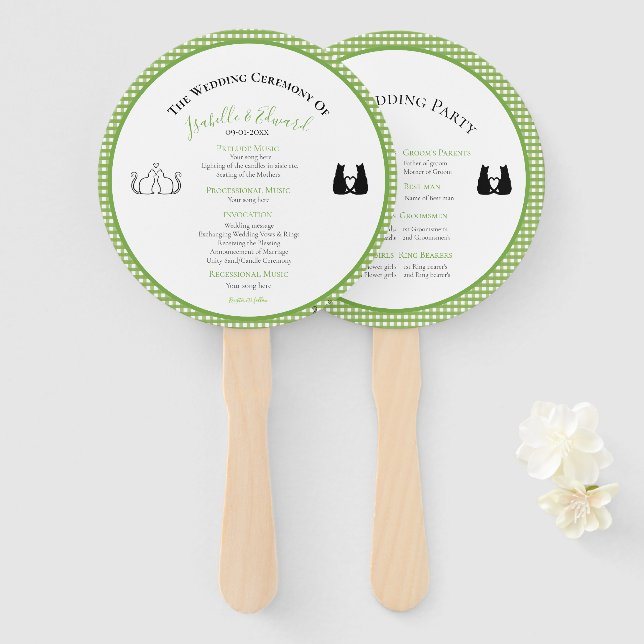 Romantic Cats In Love Green Wedding Program Hand Fan (Front and Back)