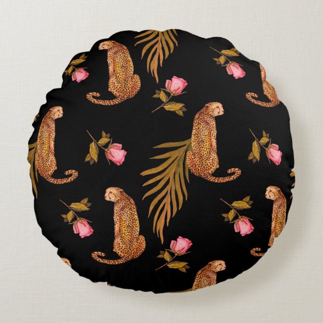 Romantic cheetahs: watercolor seamless pattern. round pillow (Front)
