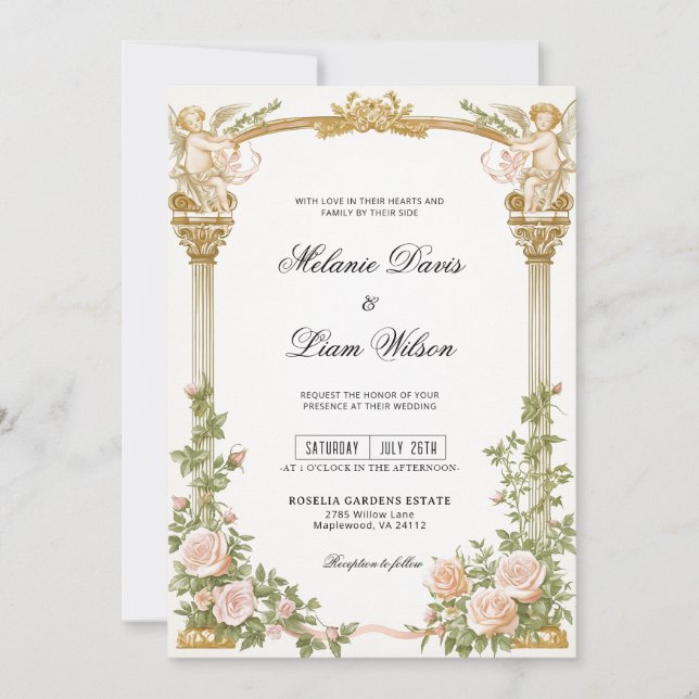 Romantic Cherub Gold Arch Floral Wedding  Invitation (Front)