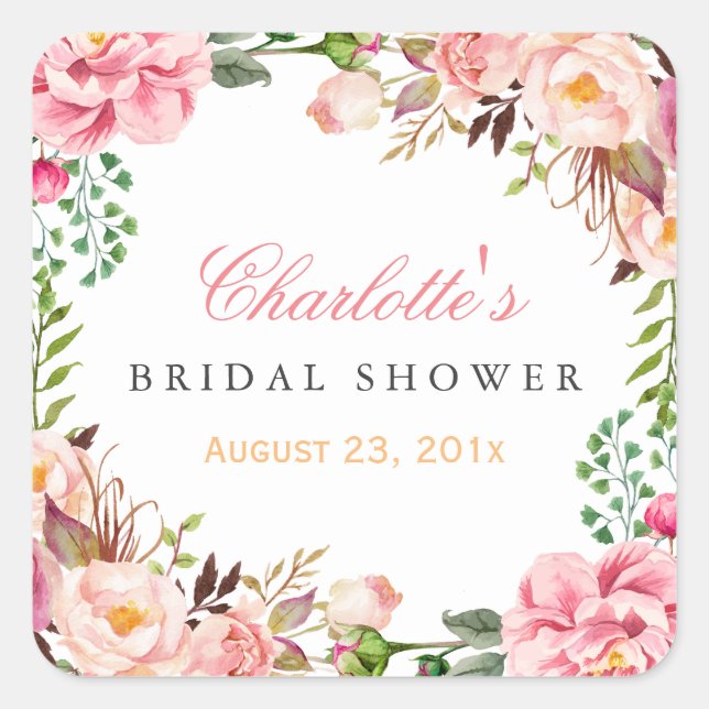 Romantic Chic Floral Wreath Wedding Bridal Shower Square Sticker (Front)