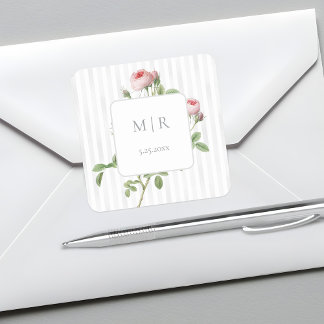 Romantic Chic French Rose Botanical Wedding Square Sticker