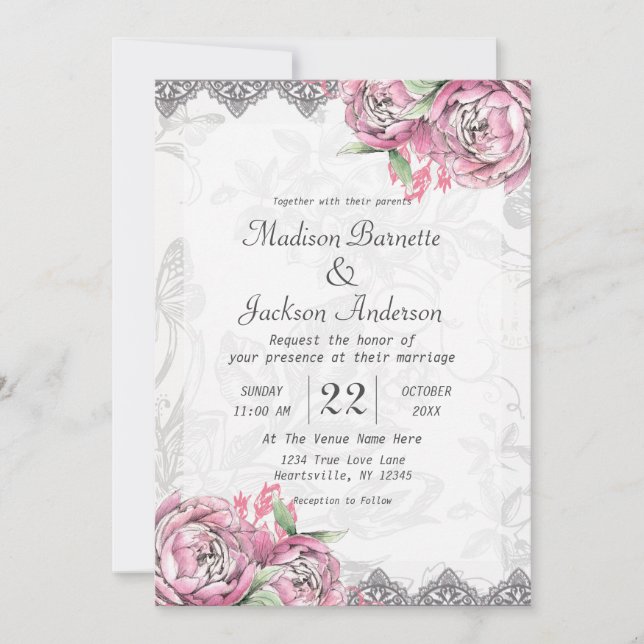 Romantic Chic Peony Floral Wedding Invitation (Front)