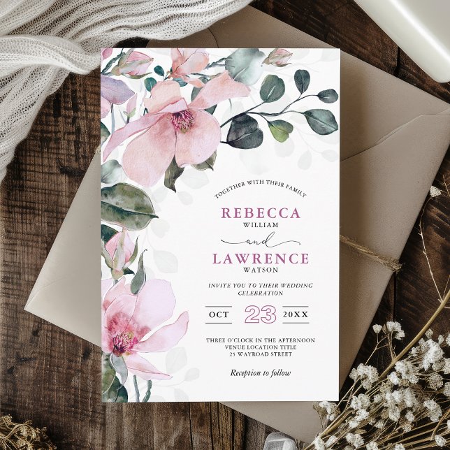 Romantic chic rose pink botanical wedding invitation (Creator Uploaded)