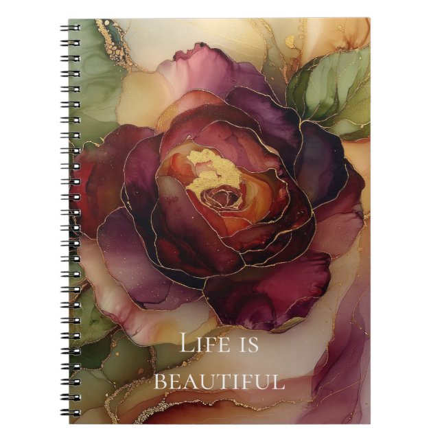 Romantic Chic Rose Red Burgundy Gold Floral  Notebook (Front)