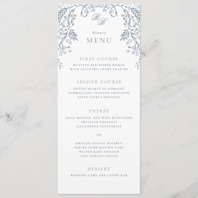 Romantic Chinoiserie Antique French Blue Wedding Menu (Front)
