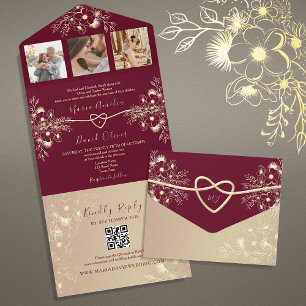 Romantic Chinoiserie Burgundy and Gold Wedding All In One Invitation