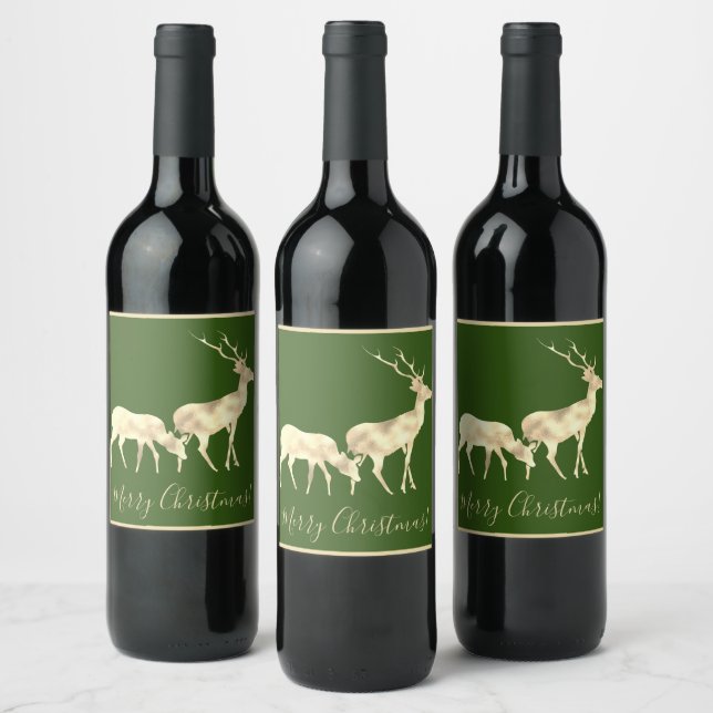 Romantic Christmas green deers Wine Label (Bottles)