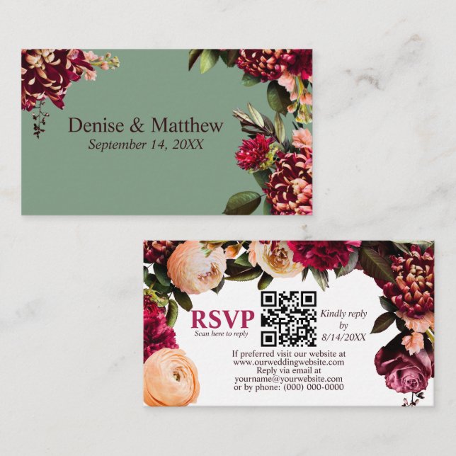 Romantic Chrysanthemum Basil Green RSVP QR Code Enclosure Card (Front/Back)