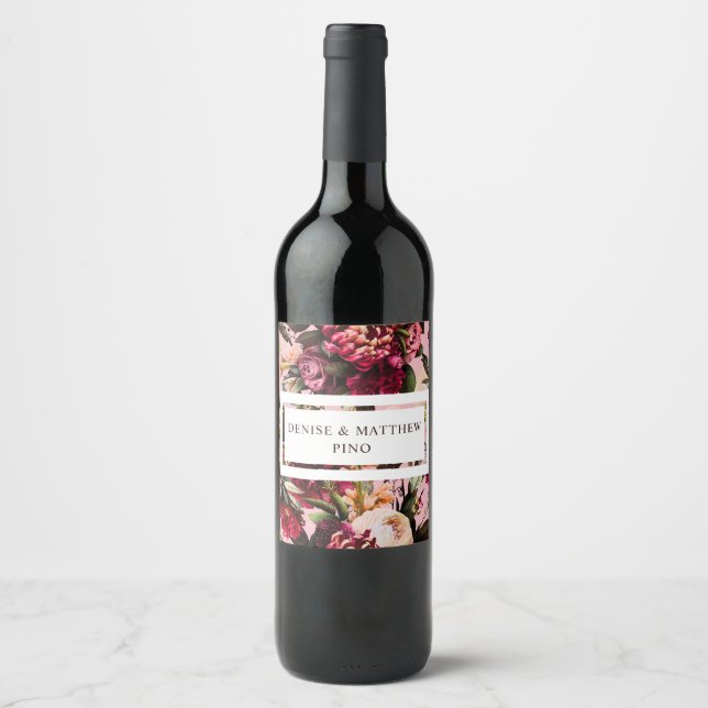 Romantic Chrysanthemum on Almond Blossom Pink Wine Label (Front)