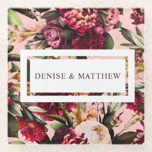Romantic Chrysanthemum on Gossamer Pink Glass Coaster