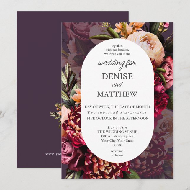 Romantic Chrysanthemum on Midnight Plum Wedding Invitation (Front/Back)