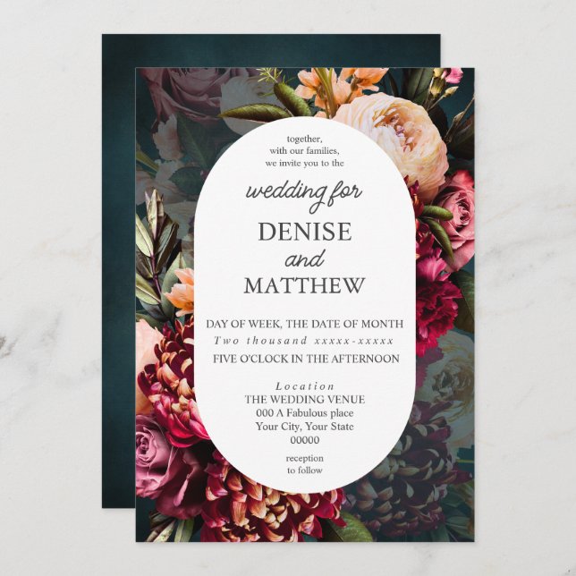 Romantic Chrysanthemum on Teal Wedding Invitation (Front/Back)