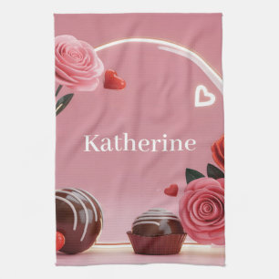 Romantic Circular Glass Frame with Roses and Name Kitchen Towel