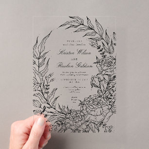 Romantic Classic Black Floral Wreath Wedding Acrylic Invitations