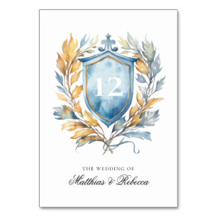Romantic Classic Blue Monogram Crest Wedding Table Number