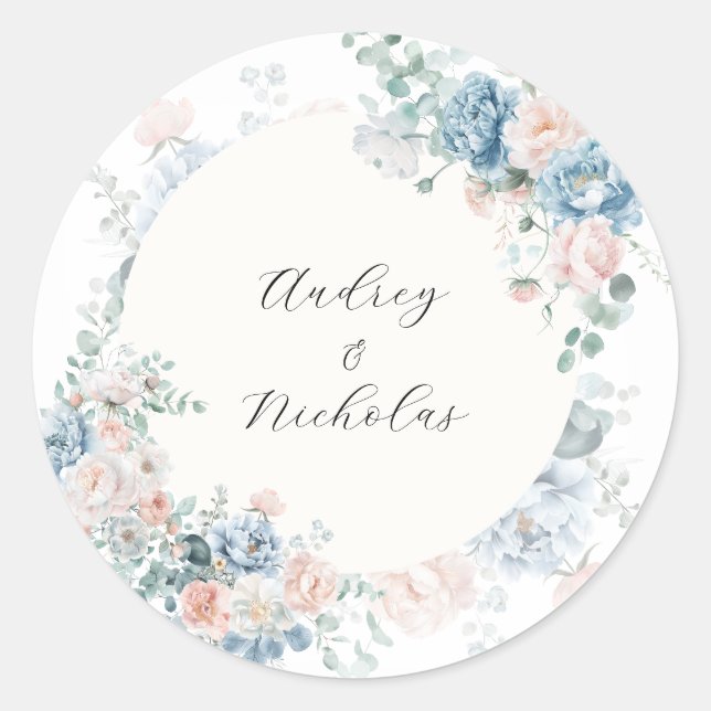 Romantic Classic Calligraphy Floral Wedding Round Sticker (Front)