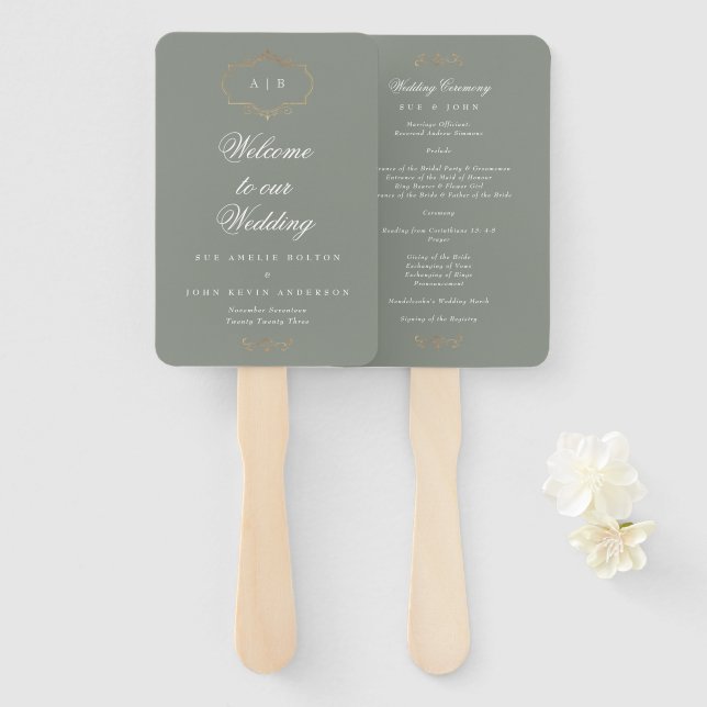 romantic classic gold monogram sage green wedding hand fan (Front and Back)