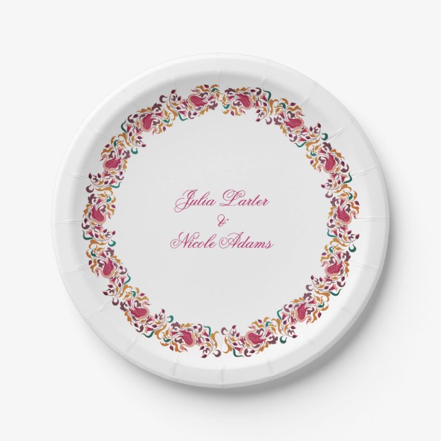 Romantic Classical Pearl Swan Floral Frame Wedding Paper Plate (Front)