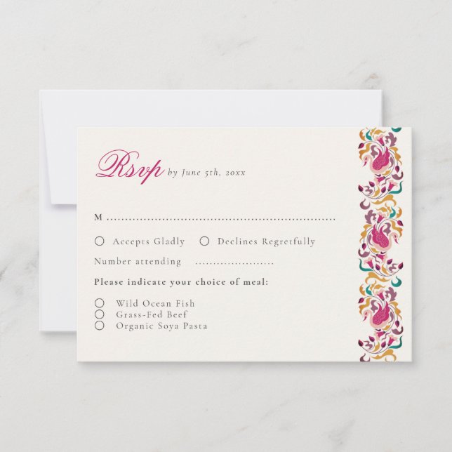 Romantic Classical Pearl Swan Floral Frame Wedding RSVP Card (Front)