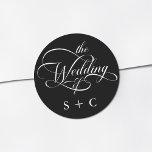 Romantic Classy Calligraphy Wedding Black Classic Round Sticker<br><div class="desc">Simple black and white wedding sticker features elegant,  romantic swirly calligraphy lettering with initials. For more advanced customization of this design,  please click the BLUE DESIGN TOOL BUTTON above!</div>