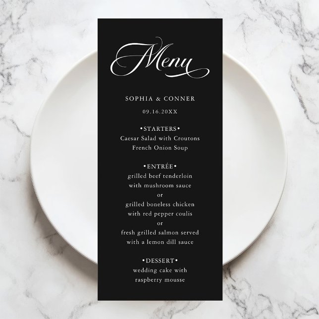 Romantic Classy Calligraphy Wedding Black Menu (Creator Uploaded)