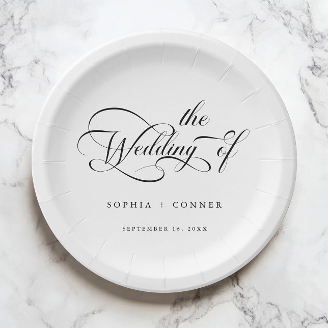 Romantic Classy Calligraphy Wedding Black & White Paper Plate (Creator Uploaded)