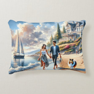 Romantic Coastal Cottage Sunset Stroll Accent Pillow