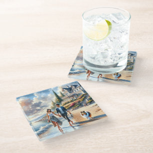 Romantic Coastal Cottage Sunset Stroll Glass Coaster