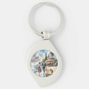 Romantic Coastal Cottage Sunset Stroll Keychain