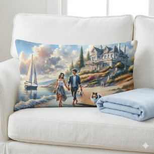 Romantic Coastal Cottage Sunset Stroll Lumbar Pillow