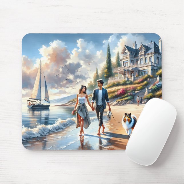 Romantic Coastal Cottage Sunset Stroll Mouse Pad (With Mouse)