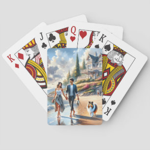 Romantic Coastal Cottage Sunset Stroll Playing Cards
